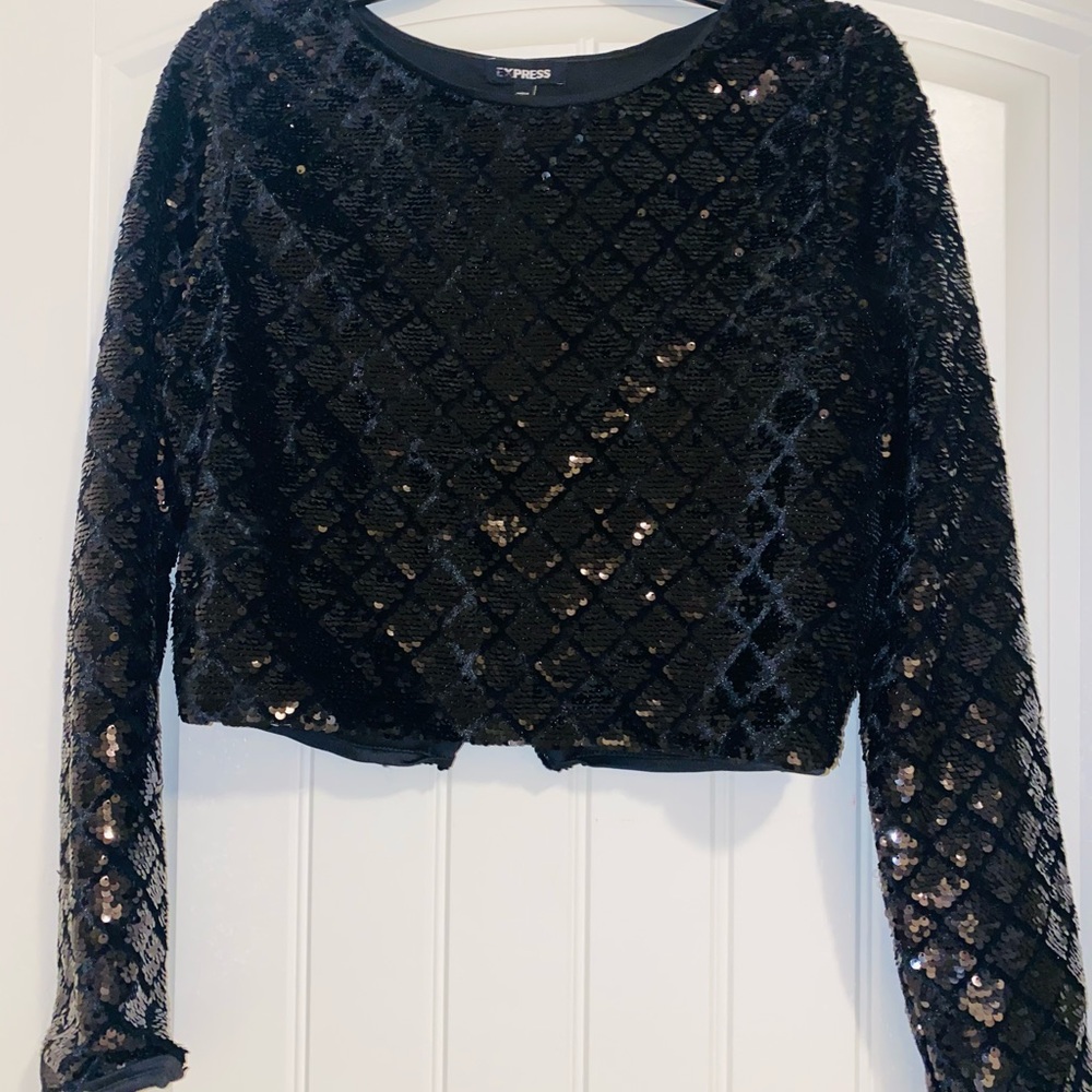 Black shinny evening long sleeve crop top